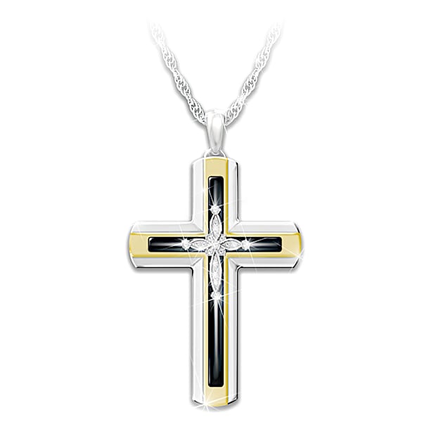 Forever Blessed And Protected Religious Cross Pendant Necklace With 18K Gold Ion Plated Accents Inlaid With Black Onyx And Hand Set With 5 Diamonds