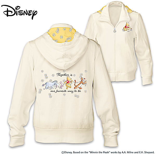 Disney Friends Together Winnie The Pooh Womens Cream Full Zip Hoodie Featuring Full Color Art On The Back