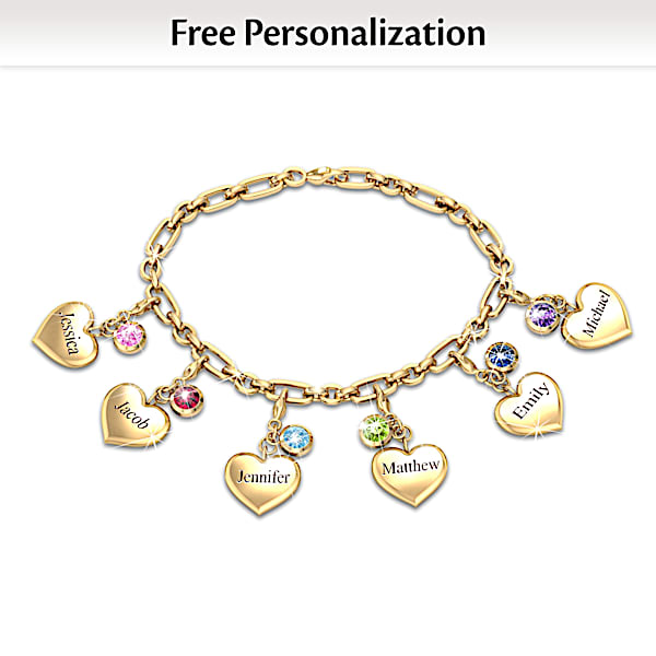 Ever Growing Love Womens 18K Gold Plated Link Style Charm Bracelet That Includes 6 To 9 Personalized Birthstone Heart Shaped Charms
