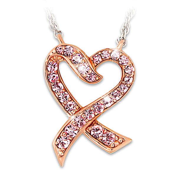 18K Rose Gold Plated Breast Cancer Awareness Ribbon Pendant Adorned With 26 Pink Simulated Diamonds
