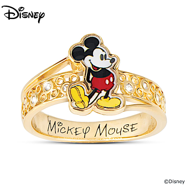 Disney Legendary 18K Gold Plated Ring Featuring An Image Of Mickey Mouse Accented With 8 White Topaz Stones Set Inside Mickey Mouse Ear Silhouettes