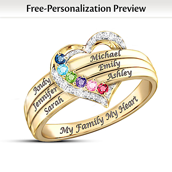My Family My Heart Womens 18K Gold Plated Heart Shaped Ring Personalized With Up To 6 Names 6 Crystal Birthstones