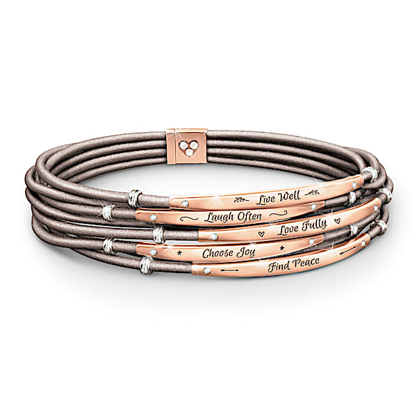 Words Of Wellness Multi Strand Leather Bracelet With Copper And 18K Rose Gold Plated Centerpieces Adorned With Inspirational Sentiments And Crystals