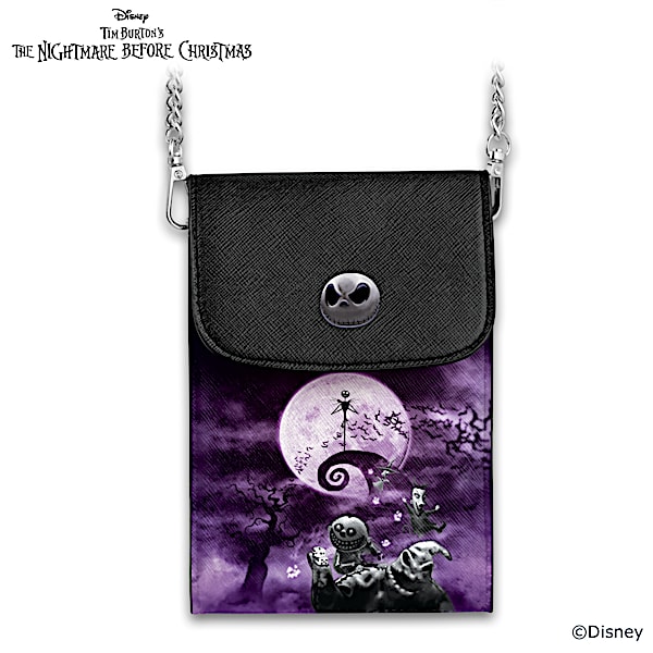 Disney Tim Burtons The Nightmare Before Christmas Womens Faux Leather Crossbody Cell Phone Handbag In Black Purple Hues With An Adjustable Strap