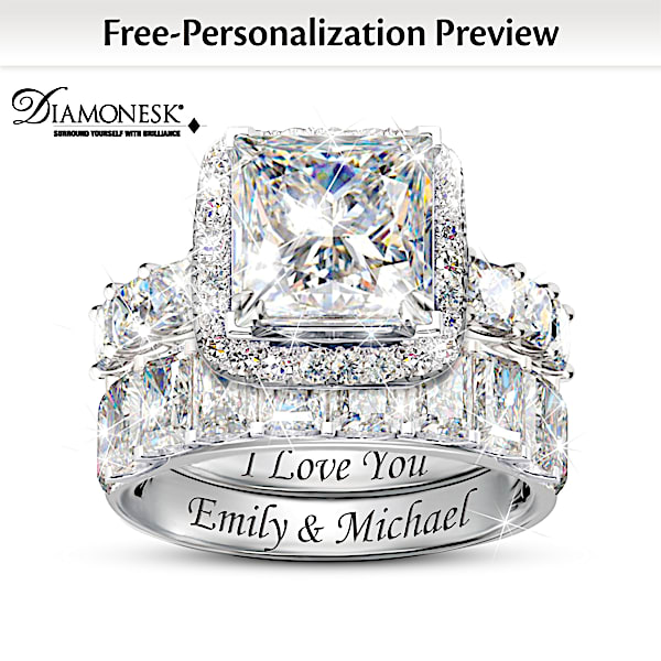Personalized Simulated Diamond Bridal Ring Set With Engagement Ring And Engraved Wedding Band