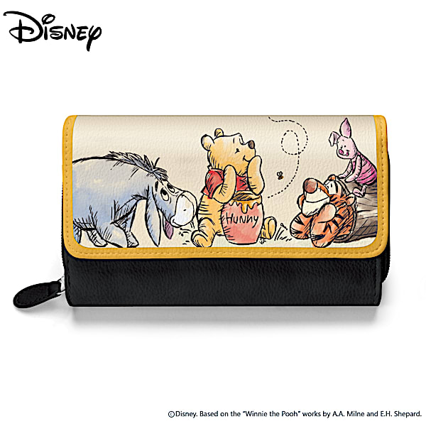 Disney Winnie The Pooh Womens Black Faux Leather Trifold Wallet With Yellow Trim Featuring Disney Art On The Front Flap With Silver Toned Hardware