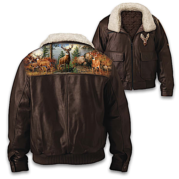 【初回限定お試し価格】 Forest Guardians Brown Leather Bomber Jacket Featuring Deer ジャケット・アウター