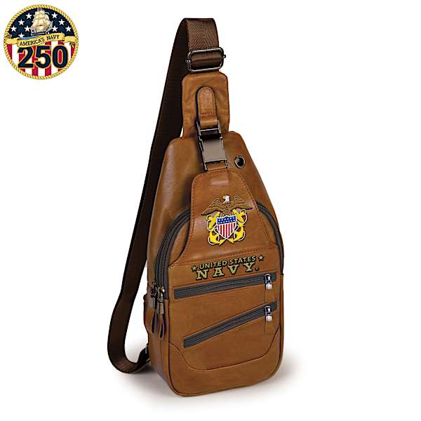 Navy Faux Leather Crossbody Sling Bag with Embroidered Patch