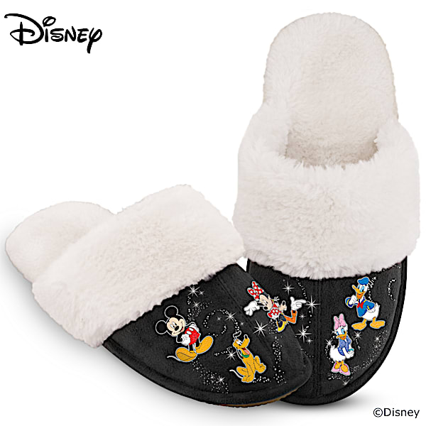 Disney Mickey Mouse And Friends Black Faux Suede Slippers Adorned With Disney Character Art Feature A Flexible Sole Lined With Cozy Faux Fur