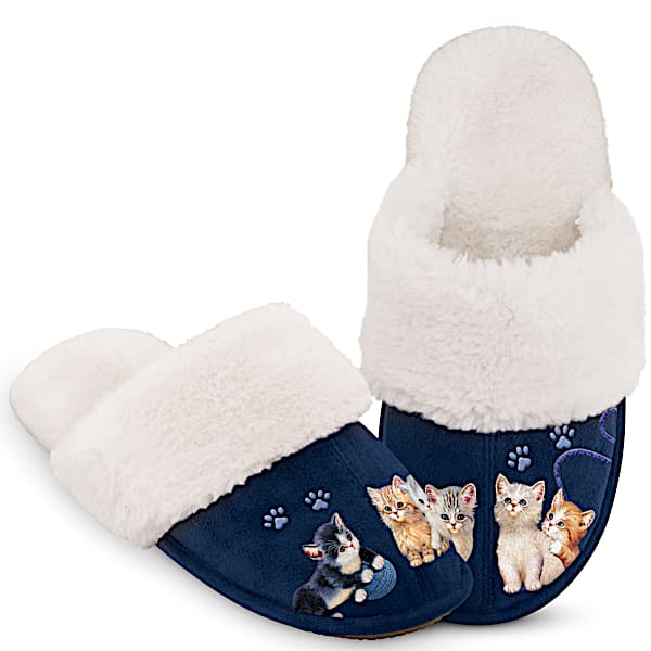 Kitty Kat Cute Womens Blue Faux Suede Slippers Adorned With Cat Art By Artist Jurgen Scholz And Feature A Flexible Sole Lined With Cozy Faux Fur