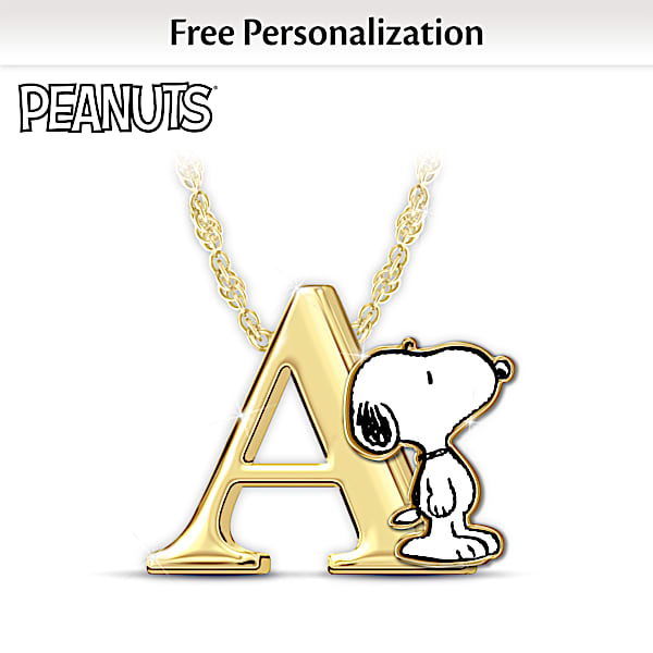 PEANUTS 18K Gold Plated Initial Pendant Featuring Snoopy In A Playful Pose And Woodstock Charm