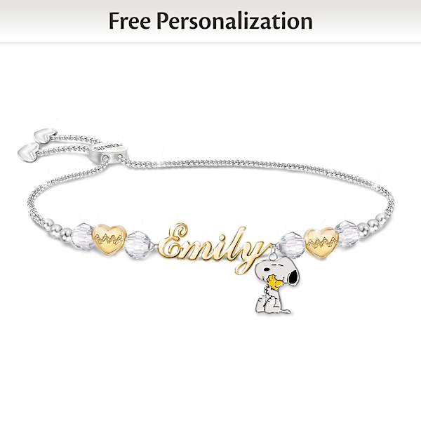 PEANUTS Platinum Plated Personalized Name Bracelet With A Snoopy Charm And 18K Gold Plated Accents