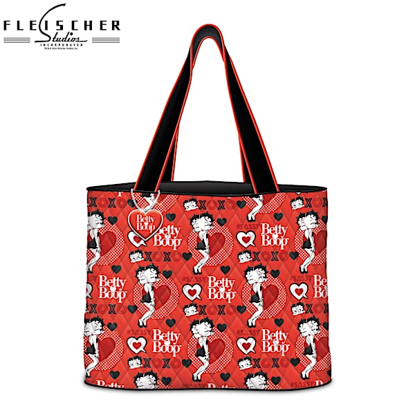 Hugs And Kisses Womens Diamond Quilted Cotton Poly Twill Red Tote Bag Featuring An All Over Pattern Of Betty Boop Art With Silver Toned Heart Charm