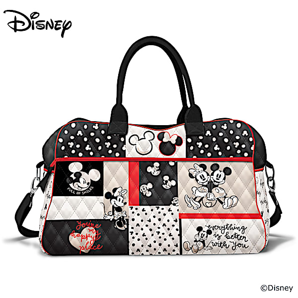Everything Is Better With You Disneys Mickey Mouse And Minnie Mouse Black And White Bag With Red Accents And A Trolley Sleeve For Easy Portability