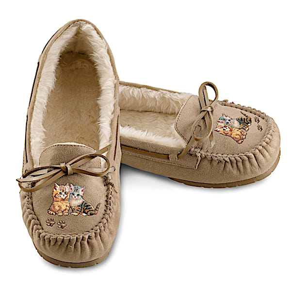Tan Suede Moccasin Style Slippers With Faux Fur Lining And Cat Art By Artist Jurgen Scholz