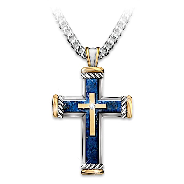Mens Stainless Steel Religious Cross Featuring A Lapis Lazuli Inlay And 24K Gold Ion Plated Accents