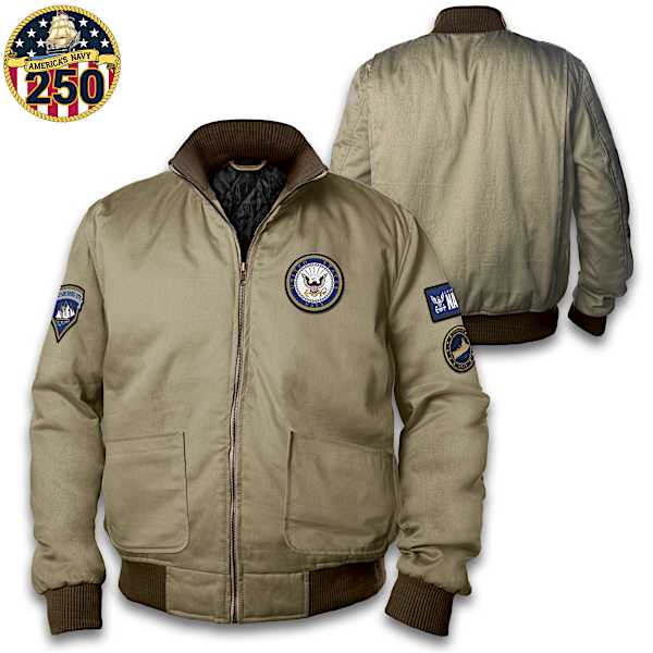 U.S. Navy Mens Full Zip Khaki Bomber Jacket Featuring 4 Embroidered Applique U.S. Navy Patches