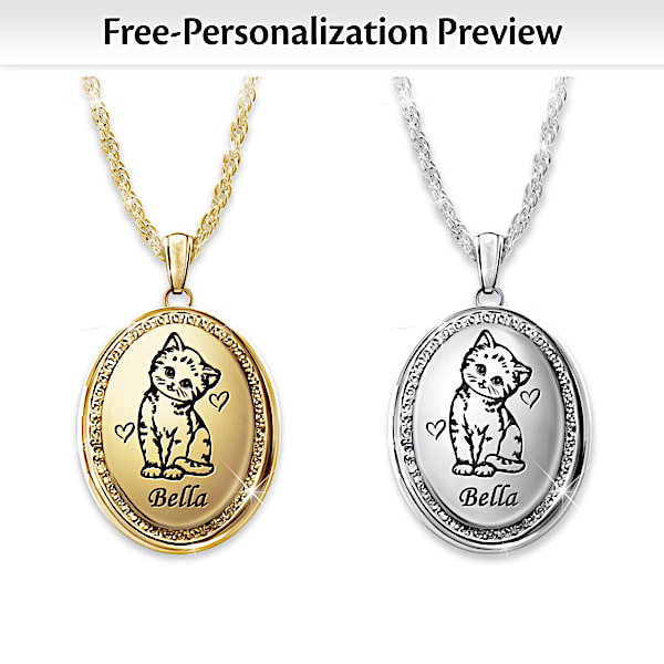 Oval Cat Locket in Your Choice of Silver Tone or Gold Tone Metal Personalized with Your Pet s Name Personalized Jewelry