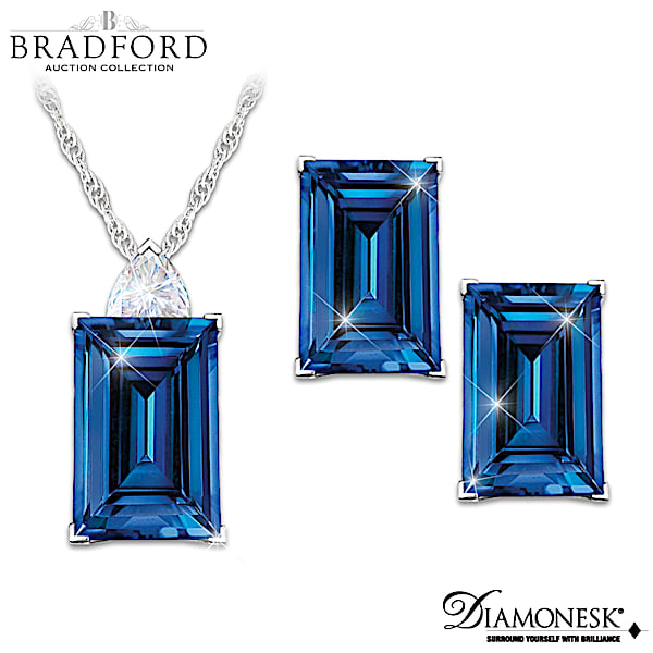 Simulated Blue Sapphire Pendant And Earrings Set Inspired By The Rockefeller Sapphire Ring