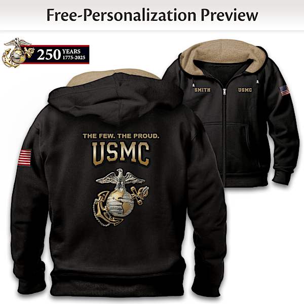 Personalized U.S. Marines Black Knit Hoodie With Fleece Lining And Gradient USMC Applique Patch