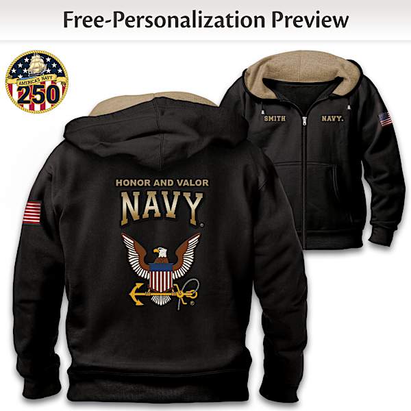 Personalized U.S. Navy Black Knit Hoodie With Fleece Lining And Gradient U.S. Navy Applique Patch
