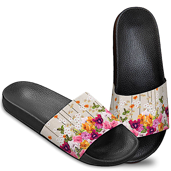 Womens Slide Sandal Shoes Featuring A Vibrant Floral Design By Artist Lena Liu