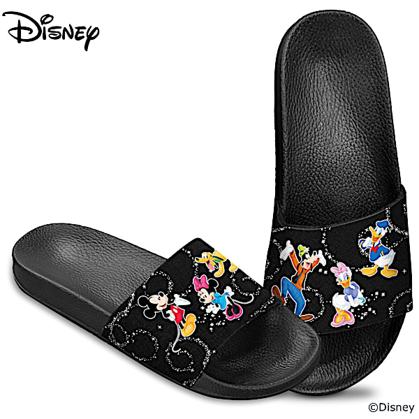 Womens Black Faux Leather Slide Sandals Featuring Disneys Mickey Mouse And Friends Character Art
