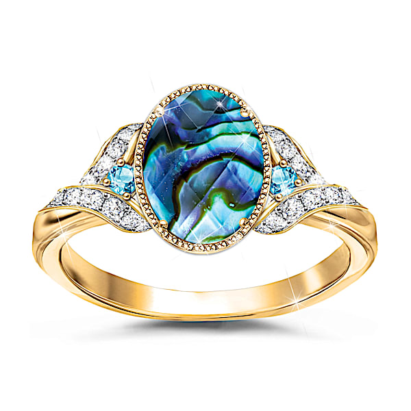 Womens 2.5 Carat Oval Cut Abalone Quartz Ring With 2 Swiss Blue Topaz And 24 White Topaz Accents