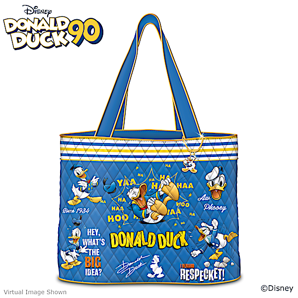 Diamond Quilted Poly Twill Tote Bag Featuring Disneys Donald Duck Art With Matching Gold Toned Charm