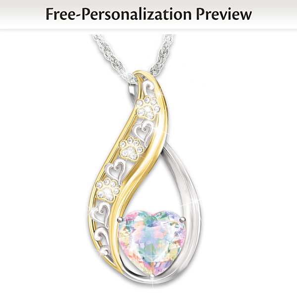 Personalized Cat Remembrance Pendant Adorned With A Heart Shaped Crystal And Sculpted Paw Prints