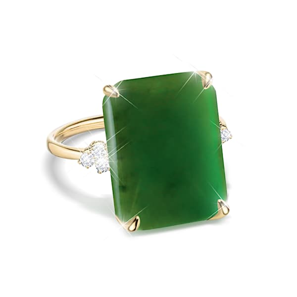 18K Gold Plated Statement Ring Featuring Over 5 Carats Of Green Jade And 6 White Topaz Accents