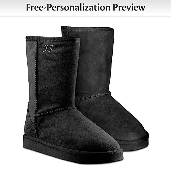 Slip On Black Faux Suede Boots Featuring 2 Initials Of Your Choice Monogrammed In The Upper Corner