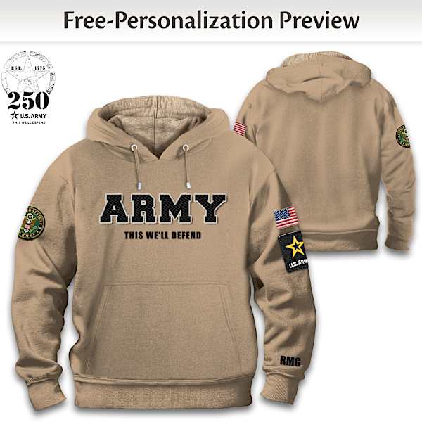Tan Pullover Hoodie With Varsity Lettering That Spells Out ARMY Personalized With Up To 3 Initials