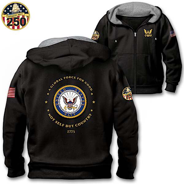Mens Black U.S. Navy Full-Zip Hoodie With An Applique Patch