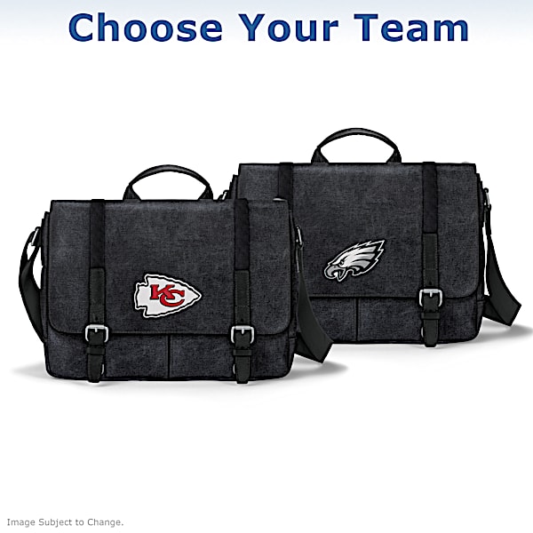 NFL Mens Black Washed Canvas Messenger Bag Featuring Team Logo Applique Patch