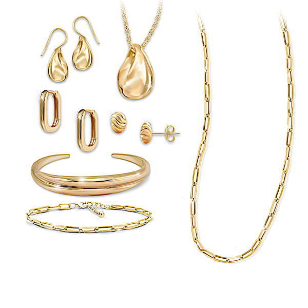 24K Gold Ion Plated Jewelry Collection With Free Flow Pendant Cuff Bracelet Earrings And More